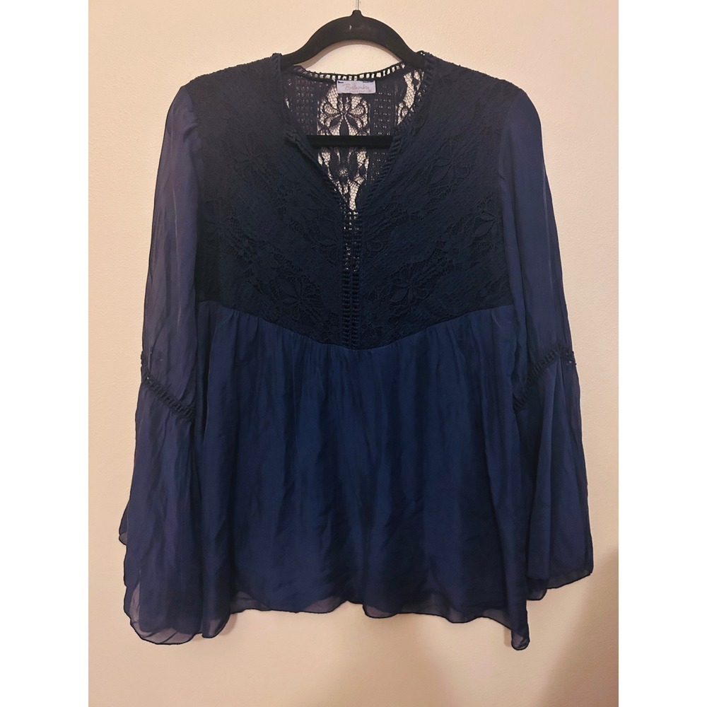 Bellambra Blouse Women Medium Navy Blue Excellent Silk Lace Boho Made in Italy